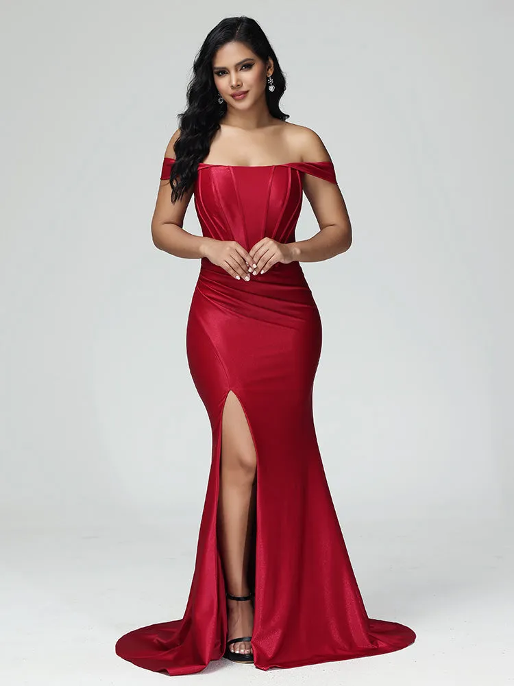 Off-Shoulder Evening Dress Satin Stretch Silky Pleated with Sweep Train in RED